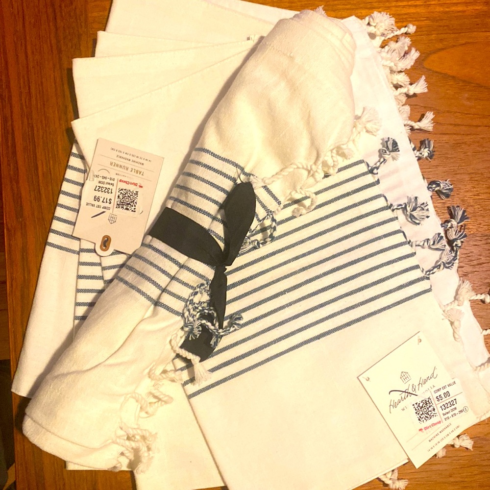 NEW Hearth & Hand Magnolia Broken Stripes Tassel Table Runner Blue & Cream